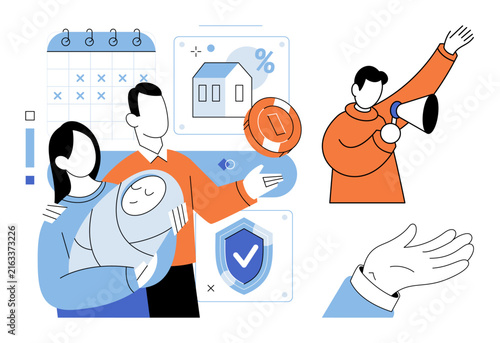 Bild auf Leinwand Parents with a newborn baby and financial icons vector illustration