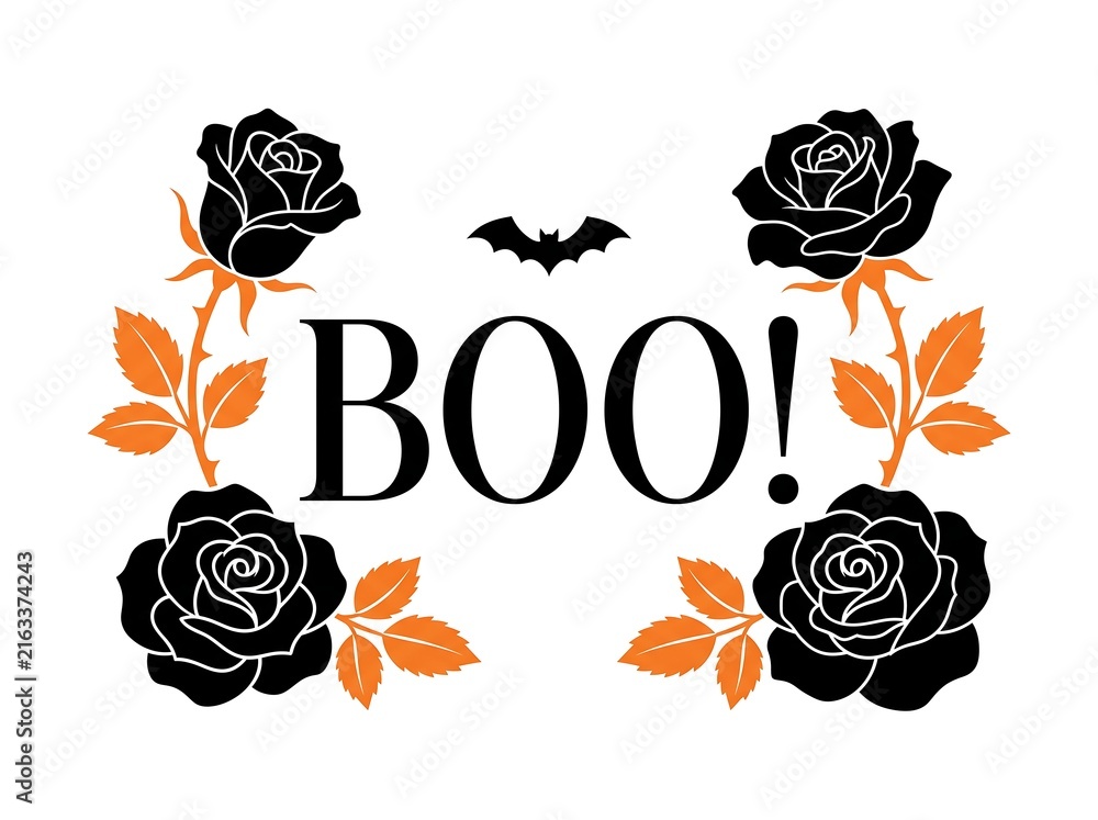 Gothic Halloween Boo Typography Framed with Black Roses Vector Illustration