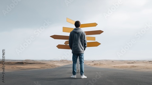 A person standing at a crossroads surrounded by road signs pointing in impossible directions, symbolizing uncertainty.
