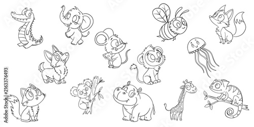 Hand-drawn collection of animal coloring pages in clean black-and-white outline. The set features a variety of cute wild and domestic animals