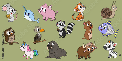 Hand-drawn collection of colorful animals illustrated in a playful watercolor style. The set features a variety of cute wild and domestic animals