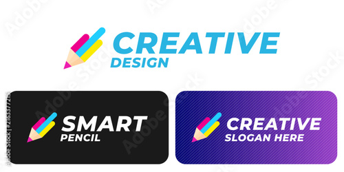 Creative pencil logo template set. Dynamic CMYK color striped pencil icon with typography variations isolated on white black and purple background for print and design studio branding.