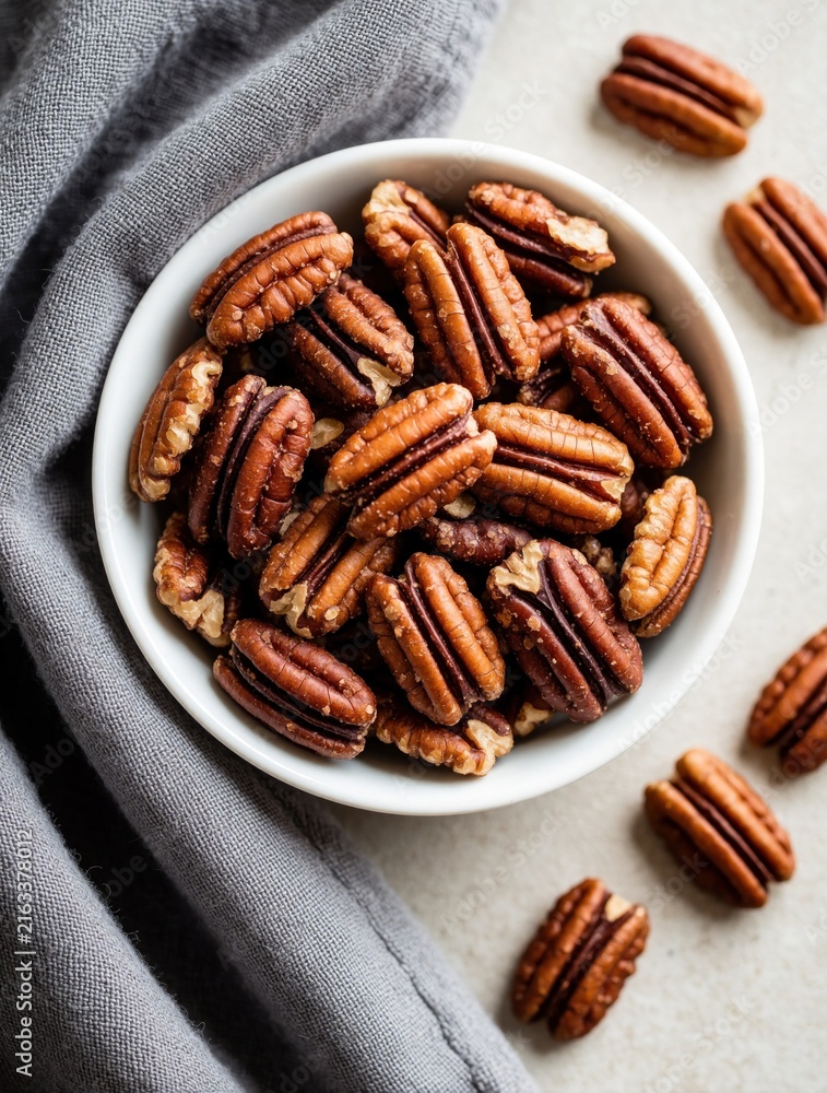 Fototapeta premium Overhead shot features pecans in white bowl on grey cloth. Nuts scattered around. Nuts look sweet, crunchy. Food performs as snack baking ingredient. Perfect for dietary recipes, display.
