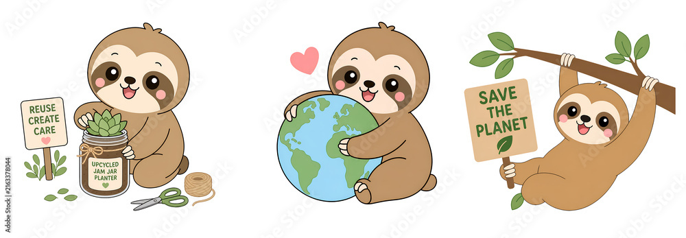 Naklejka premium Cute sloth earth eco green recycle planet nature cartoon sustainability environment cute sloth hug earth with love and joy