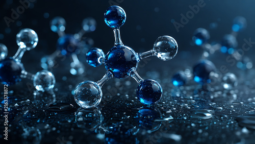 Blue molecular structure formed from glossy spheres on a dark reflective surface, illustrating chemistry, molecular science, nanotechnology, and research