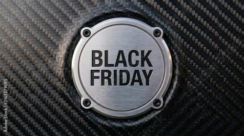Black Friday metallic emblem on carbon fiber texture background promotional concept