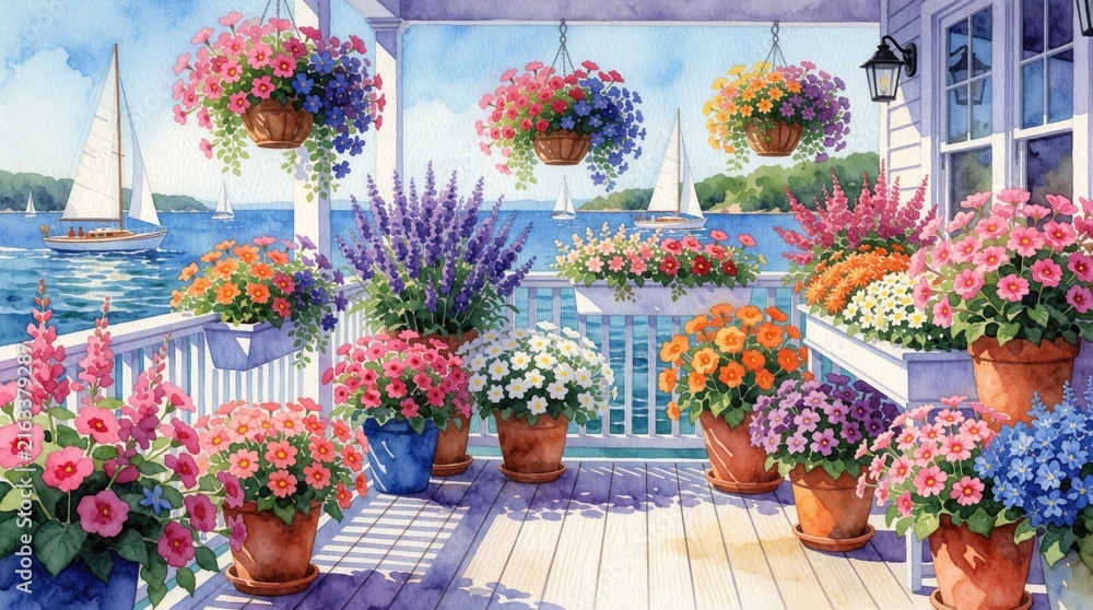 Fototapeta premium Watercolor illustration shows porch deck with many potted flowers. Sailboats float on blue water behind white railing. Bright floral arrangement overlooks ocean bay view.
