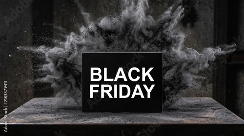 Black Friday sale event concept with explosive dark powder cloud behind a black box