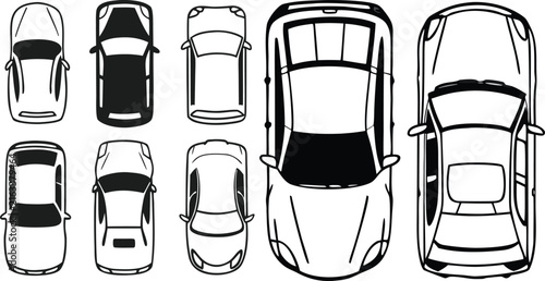 Set of Cars Top View Black and White Outline Vector Collection