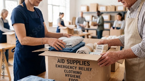 Volunteers packing aid supplies, food, and clothing for emergency relief efforts