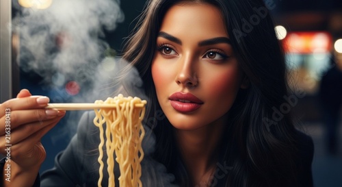 Woman eating steaming noodles with chopsticks at night in an urban restaurant