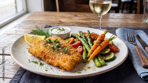 Battered fish and roasted mixed vegetables serving as a healthy, gourmet meal