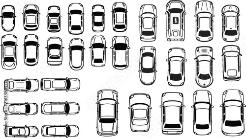 Set of Cars Top View Black and White Outline Vector Collection