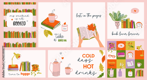 Cute book theme prints set. Cozy reading nook with decorative elements and inspiring quotes. Collection of book-related cards and patterns with autumn mood. Hand drawn flat design vector illustrations