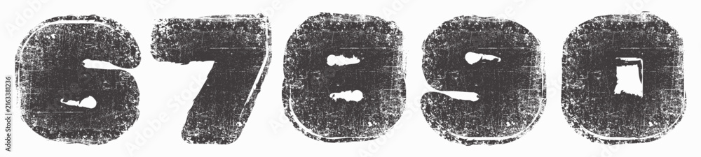 Fototapeta premium A grunge and cyberpunk vector font inspired by street art and urbanism. Simple, curved numbers 6, 7, 8, 9, 0. The effect of white paint splattered through a stencil. Posters, comics, and graffiti.