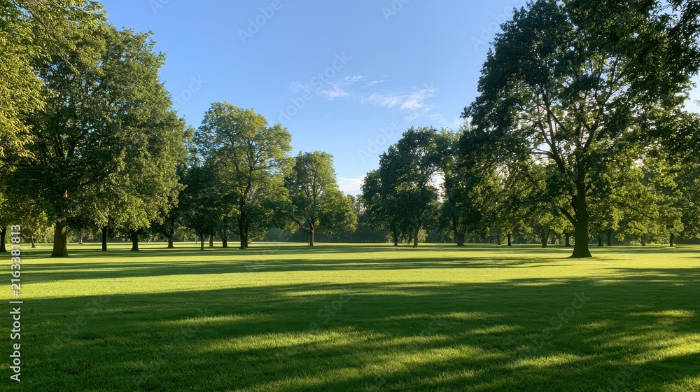 Fototapeta premium Sunny summer meadow in a tranquil park with tall trees and a bright blue sky
