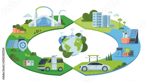 Circular economy concept with sustainable industry and green energy cycle illustration.