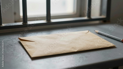 Sealed letter and pencil rest on prison desk beneath a barred window in daylight