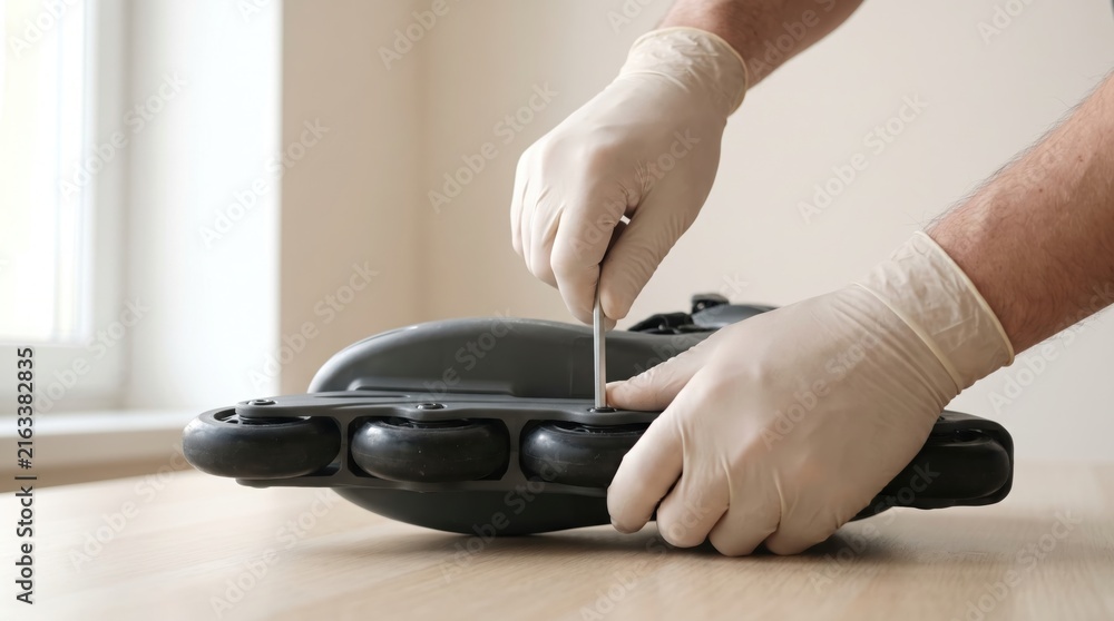 Fototapeta premium Hands wearing white gloves using a tool to fix the wheels of rollerblades