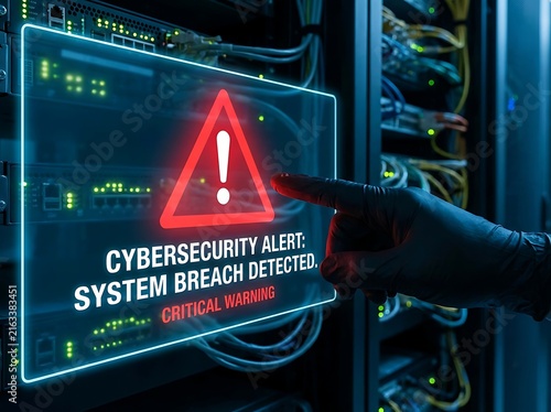 A hand gestures to a digital screen that shows a red alert triangle with an exclamation point, signifying a system warning or cybersecurity concern.