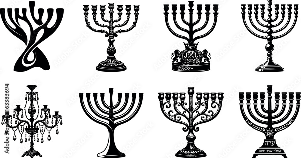 Naklejka premium A grouping of eight antique black and white menorah drawings presented individually on a clear see through backdrop for design projects