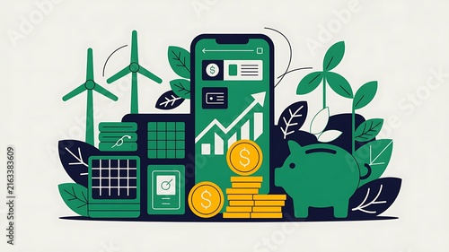 Green energy investment concept with smartphone app, wind turbines and piggy bank illustration