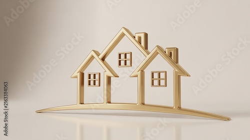 Golden house icons representing real estate property investment and residential development.