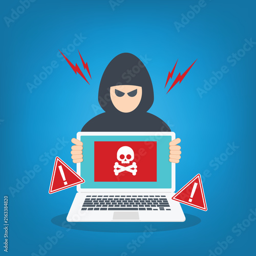 Online Fraud and Identity Theft Warning with Hacker and Laptop