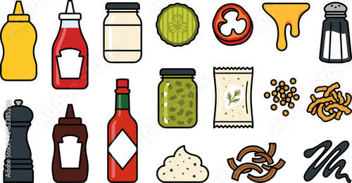 Food Condiments and Sauce Topping Icon Set with Ketchup Mustard Mayonnaise Hot Sauce Pepper and Spices for Restaurant Menu Designs