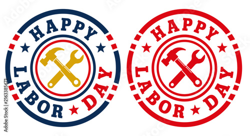 Happy labor day circular badges with tools and festive border design