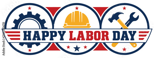 Happy labor day emblem with gears helmet and tools illustration