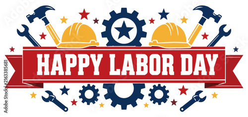 Happy labor day illustration with tools and construction helmets celebration