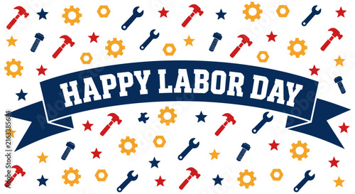 Happy labor day banner with tools and gears on white background