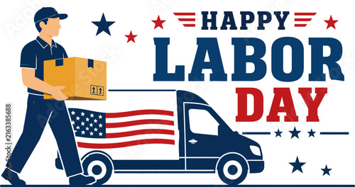 Happy labor day delivery service illustration with patriotic american flag design