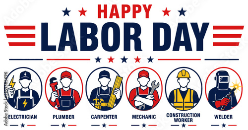 Happy labor day celebrating american workers with various trades and professions