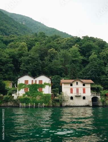 Charming traditional waterfront houses on a serene lake shore surrounded by lush green forest
