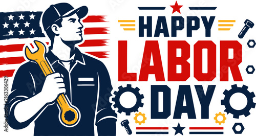 Happy labor day illustration featuring american worker with tools and flag
