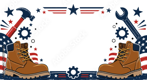 Vintage american worker illustration with tools and patriotic background elements