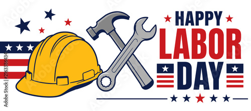 Happy labor day illustration with construction helmet tools and patriotic background