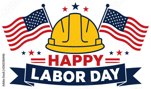 Happy labor day illustration with american flags and construction helmet