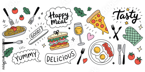 Hand drawn doodle set featuring various food like pizza slice, spaghetti, sandwich, fried eggs, bacon, wine glass, cutlery, and speech bubbles on a white background