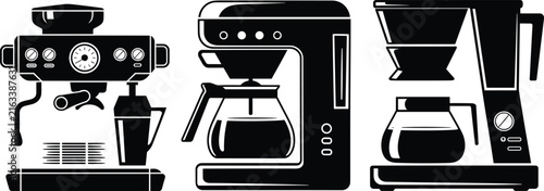 Set of three black and white coffee machine including an espresso maker and two different drip coffee makers on a clean white background, for cafe use