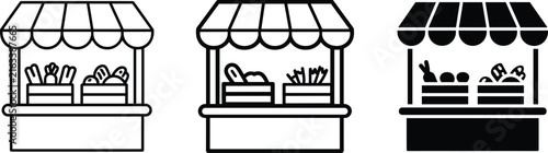 Set of three black and white representing market stalls with striped awnings, displaying crates of fresh vegetables and produce, isolated on a white background