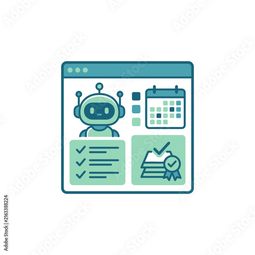 Flat Illustration of AI Robot Assistant on Digital Management Dashboard