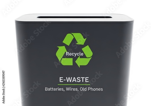 Electronic waste recycling bin for collecting used batteries, cables and broken mobile phones. Concept of environmental sustainability, proper garbage disposal and hazardous waste management.