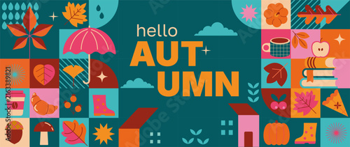 Modern autumn geometric greeting card. Horizontal banner with fall symbols- pumpkin, umbrella, coffee, hot tea and croissant, coffee to go, books, pie. Design for greeting, print, web, sales. Vector