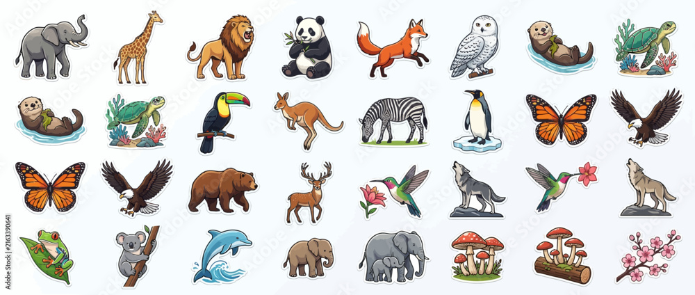 Naklejka premium Diverse Collection of Isolated Animals and Nature Elements on Transparent Background