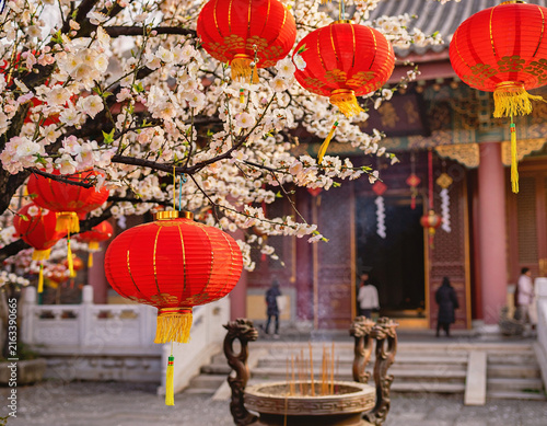 Red Chinese lanterns hanging from tree branches with white flowers, as traditional Asian decorations adorn an outdoor temple, creating a festive atmosphere for celebration and culture.