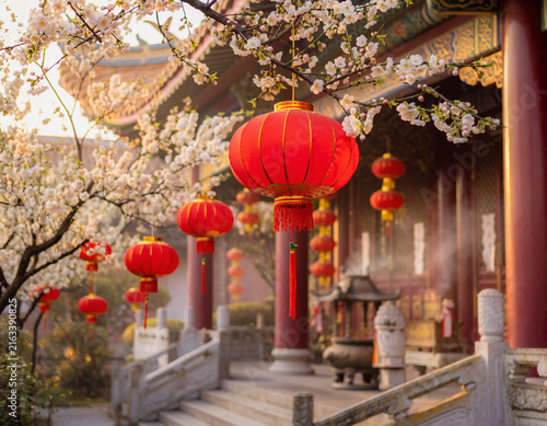 Red Chinese lanterns hanging from tree branches with white flowers, as traditional Asian decorations adorn an outdoor temple, creating a festive atmosphere for celebration and culture.