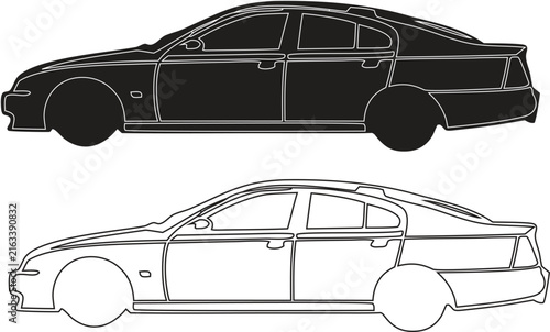 Set of Cars Side View Black and White Outline Vector Collection